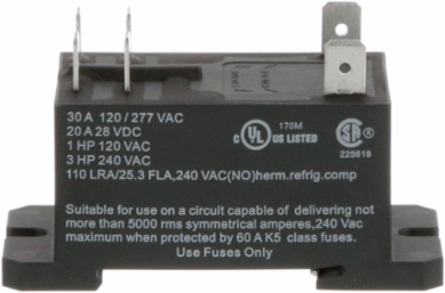 Power Relay, DPST-NO, class F coil insulation, DIN rail and panel mount cover, 30A, 120V AC, 2NO