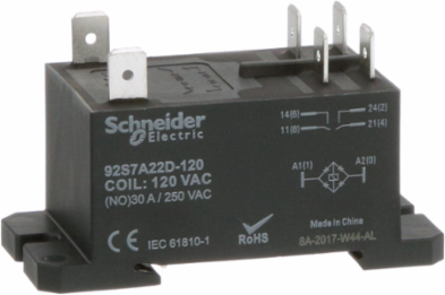 Power Relay, DPST-NO, class F coil insulation, DIN rail and panel mount cover, 30A, 120V AC, 2NO