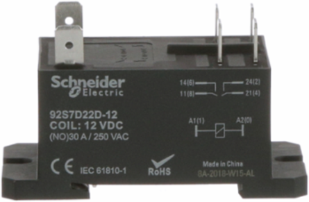 Power Relay, DPST-NO, class F coil insulation, DIN rail and panel mount cover, 30A, 12V DC, 2NO