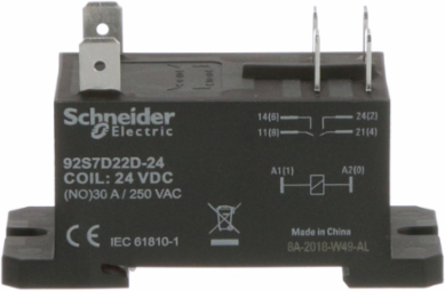Power Relay, DPST-NO, class F coil insulation, DIN rail and panel mount cover, 30A, 24V DC, 2NO