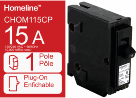 Miniature Circuit Breaker, 15A, 1 Pole, 120/240V, 10kA, Plug-On