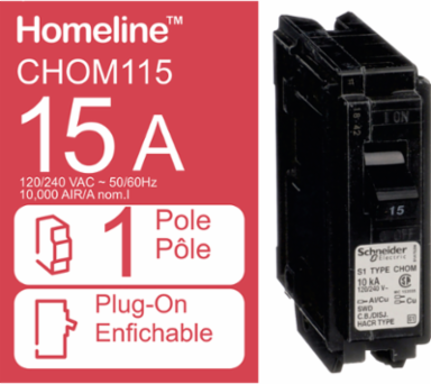 Miniature Circuit Breaker, 15A, 1 Pole, 120/240V, 10kA, Plug-On