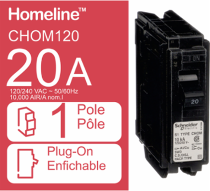 Homeline Mini Circuit Breaker, 20A, 1 Pole, 120/240V AC, 10 kA AIR