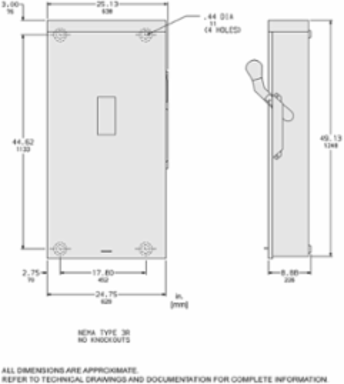 General Duty Fusible Safety Switch, 2 Pole, 3 Wire, 240VAC, 600A, NEMA 3R