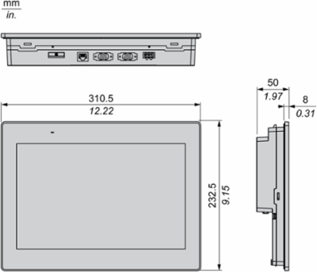 12" wide screen touch panel, 16M colors, COM x 2, ETH x 1, USB host / device, RTC, DC24V