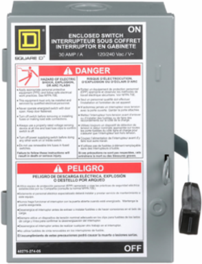 Light Duty Fusible Safety Switch, 30A, 2 Poles, 120VAC, NEMA 1