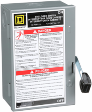 Light Duty Fusible Safety Switch, 30A, 2 Poles, 120VAC, NEMA 1