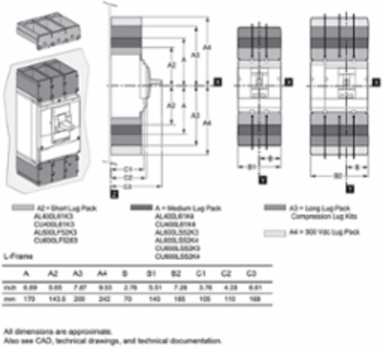 Automatic switch, PowerPacT L, 400A, 3 pole, 600VAC, 50kA, lugs, magnetic