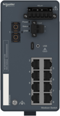 Modicon Managed Switch - 8 Copper Ports, 1 Fiber Optic, 100m Length