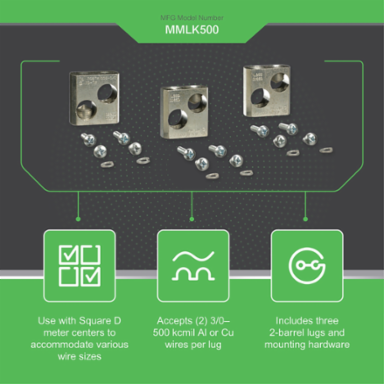 MP Meter Pak Lug Kit, 3 Lugs for 3/0 AWG to 500 kcmil Wires, UL Listed