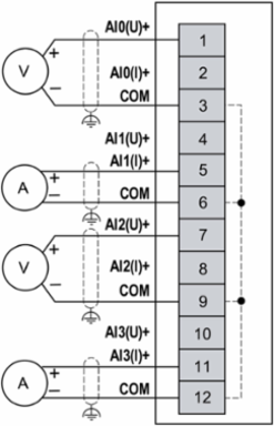 Analog Input Module + Base, 4 In, Current, Voltage, 2 Wires, Modicon Edge I/O NTS