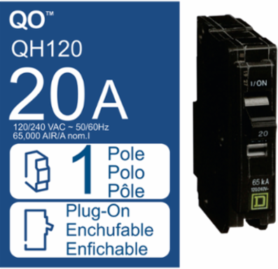 Mini Circuit Breaker, 1 Pole, 20A, 120/240VAC, 65kA Breaking Capacity