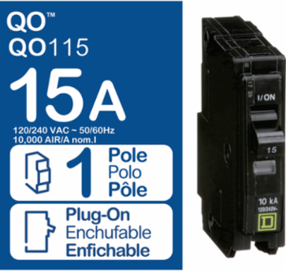 QO Miniature Circuit Breaker 15A 1 Pole Plug-In Mount 10kA