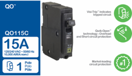 QO Miniature Circuit Breaker 15A 1 Pole Plug-In Mount 10kA