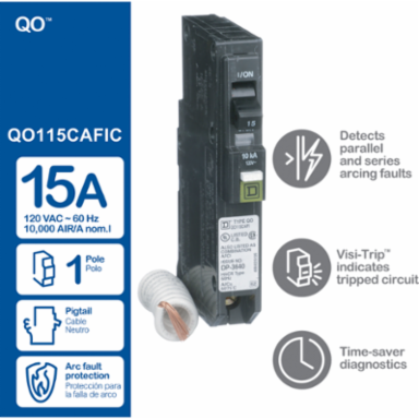 Mini Circuit Breaker 15A 1-Pole 120/240VAC 10kA Combo Arc Fault