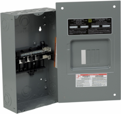 Load center, QO, 1 phase, 4 spaces, 8 circuits, 125A fixed main lugs, NEMA1, gnd bar, flush cover