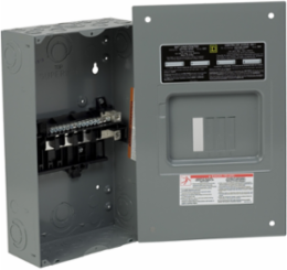 Load center, QO, 1 phase, 4 spaces, 8 circuits, 125A fixed main lugs, NEMA1, gnd bar, flush cover