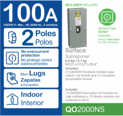 Enclosed Molded Case Switch, 100A, 2 Pole, 240VAC, 10kA, NEMA 1