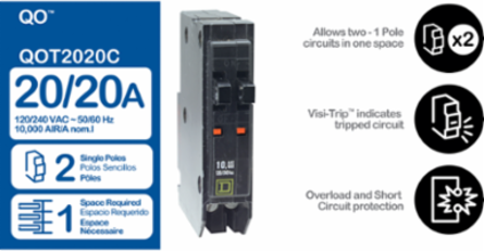 Tandem Mini Circuit Breaker 2 Pole 20A 120/240V 10kA Plug-in Mount