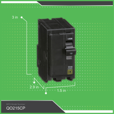 Miniature Circuit Breaker, 15A, 2 Pole, 120/240VAC, 10kA, Plug-in Mount