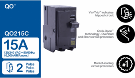 Miniature Circuit Breaker, 15A, 2 Pole, 120/240VAC, 10kA, Plug-in Mount