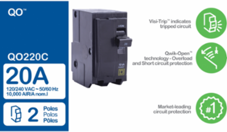 Mini Circuit Breaker 20A 2-Pole 120/240VAC 10kA Plug-in Mount