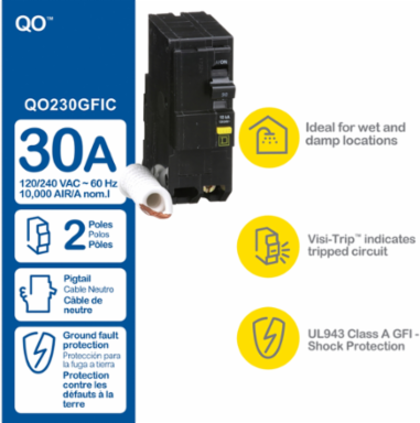 Mini Circuit Breaker 30A 2-Pole 120/240V AC Ground Fault Class A 6mA