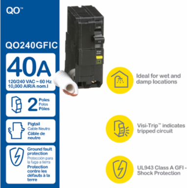 Mini Circuit Breaker 2 Pole 40A 120/240V AC Ground Fault 6mA Plug-In