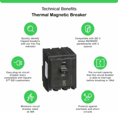 Mini Circuit Breaker, 30A, 3 Pole, 120/240V AC, 10kA, Plug-In Mount