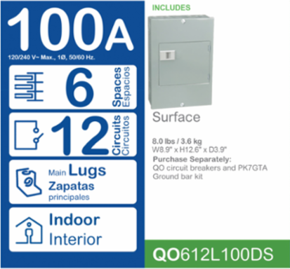 QO Loadcentre 240V 100A 1 Phase 6 Spaces NEMA 1