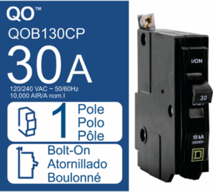 Mini Circuit Breaker 30A 1 Pole 120/240VAC 10kA Bolt-On Mount