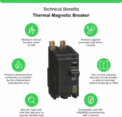 Mini Circuit Breaker 20A 2 Pole 120/240VAC 10kA Bolt-On Mount