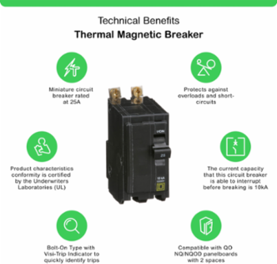 Mini Circuit Breaker 25A 2 Pole 120/240VAC 10kA Bolt-On Mount