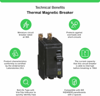 Mini Circuit Breaker 30A 2Pole 120/240V AC 10kA Bolt-On Mount