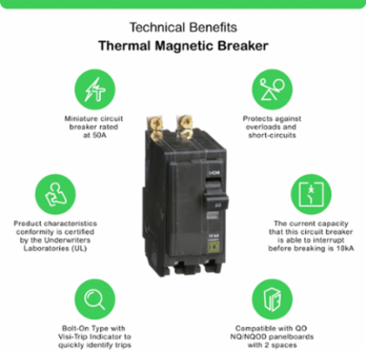Mini Circuit Breaker 50A 2-Pole 120/240V AC 10kA Bolt-On Mount