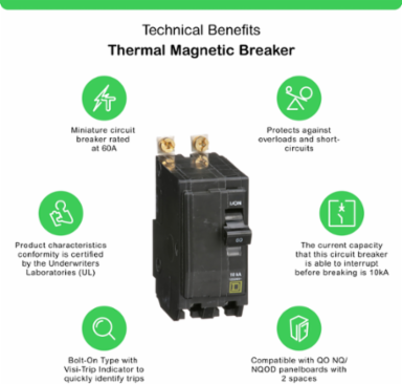 Mini Circuit Breaker 60A, 2 Pole, 120/240V AC, 10kA, Bolt-On Mount