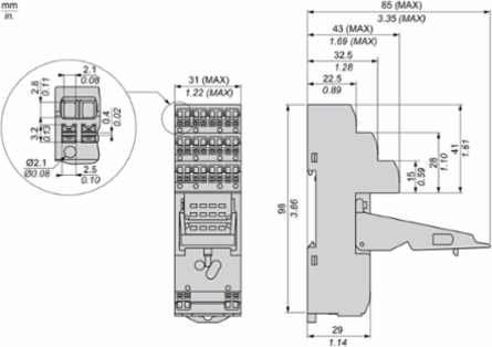 Push-In Socket Relay 12A 2C/O, IP20, 98 mm Length, Clip-On Mount