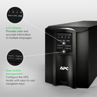 APC Smart-UPS, Line Interactive, 1500VA, Tower, 120V, 8x NEMA 5-15R outlets, SmartConnect Port+SmartSlot, AVR, LCD
