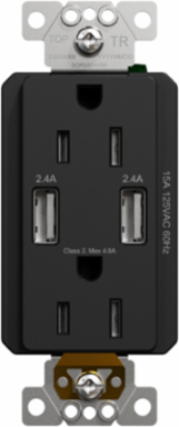 X Series 15A 125V Duplex Outlet with 4.8A USB Charger, Tamper Resistant, Black