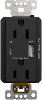 X Series 15A 125V Tamper Resistant USB A/C Outlet, 5.4A, Matte Black