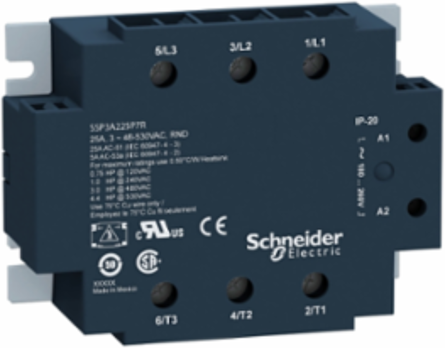 three phase relay, Harmony Solid State Relays, 25A, panel mount, zero voltage switching, thermal pad, input 4 to 32V DC, output 42 to 660V AC