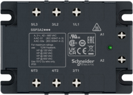 three phase relay, Harmony Solid State Relays, 25A, panel mount, zero voltage switching, thermal pad, input 90 to 280V AC, output 42 to 660V AC