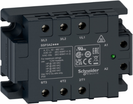 three phase relay, Harmony Solid State Relays, 50A, panel mount, zero voltage switching, thermal pad, input 18 to 36V AC, output 42 to 660V AC