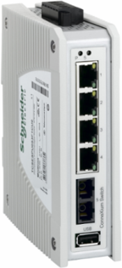 switch, Modicon Networking, premium unmanaged switch, 4 ports for copper, 1 port for fiber optic multimode