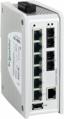 switch, Modicon Networking, premium unmanaged switch, 7 ports for copper, 2 ports for fiber optic multimode