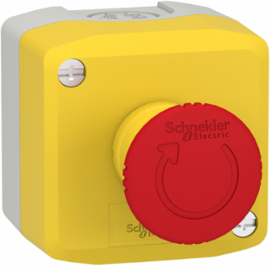 Control station, Harmony XALK, plastic, yellow lid, 1 red mushroom 40mm, turn to release, 1NC with monitoring, unmarked, UL/CSA certified