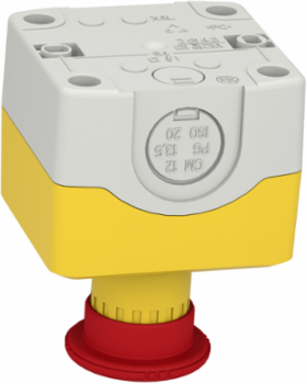 Control station, Harmony XALK, plastic, yellow lid, 1 red mushroom 40mm, turn to release, 1NC with monitoring, unmarked, UL/CSA certified