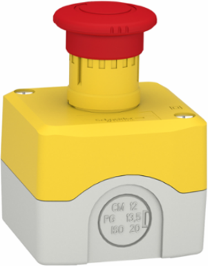 Control station, Harmony XALK, plastic, yellow lid, 1 red mushroom 40mm, turn to release, 1NC with monitoring, unmarked, UL/CSA certified