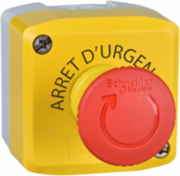 Control station, Harmony XALK, plastic, yellow lid, 1 red mushroom 40mm, turn to release, 1NC with monitoring, unmarked, UL/CSA certified