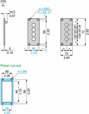 Drilled Front Plate, 72x72mm,   22mm Cutout, Anodized Aluminum, IP65/IP67